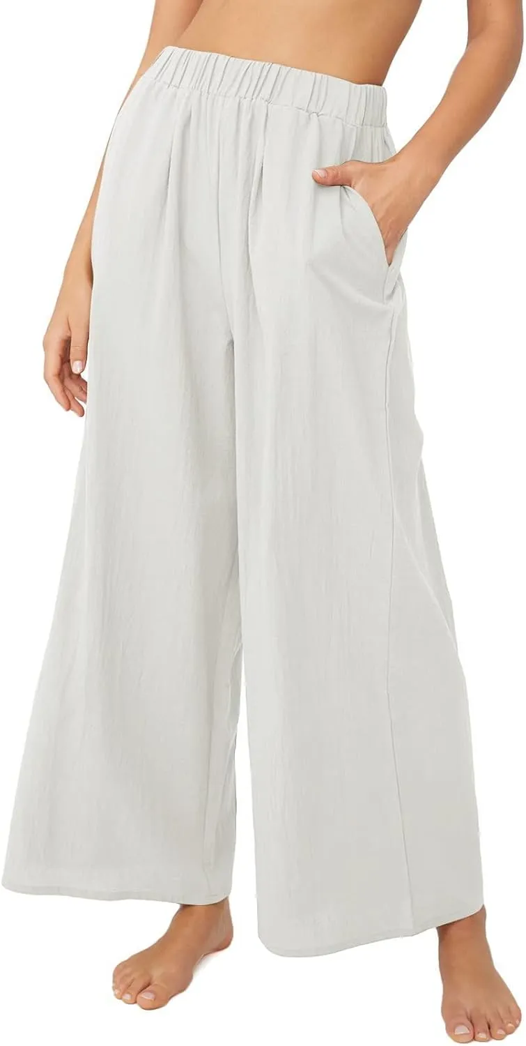 Women's High Waist Casual Wide-Leg Linen Trousers Vacation Palazzo Beach Pant Summer Business Pants with Pockets