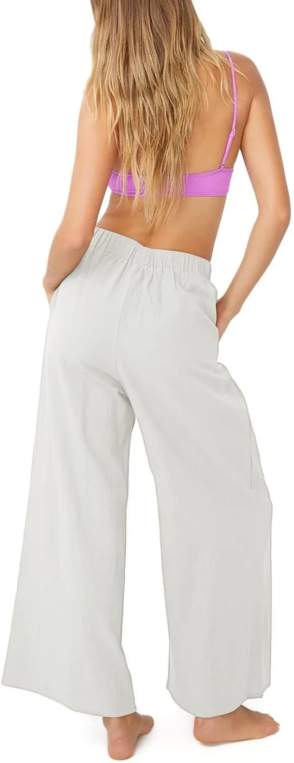 Women's High Waist Casual Wide-Leg Linen Trousers Vacation Palazzo Beach Pant Summer Business Pants with Pockets