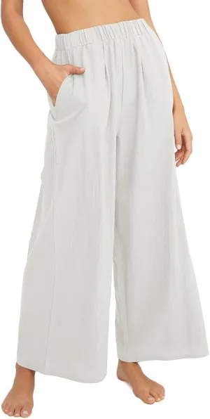Women's High Waist Casual Wide-Leg Linen Trousers Vacation Palazzo Beach Pant Summer Business Pants with Pockets