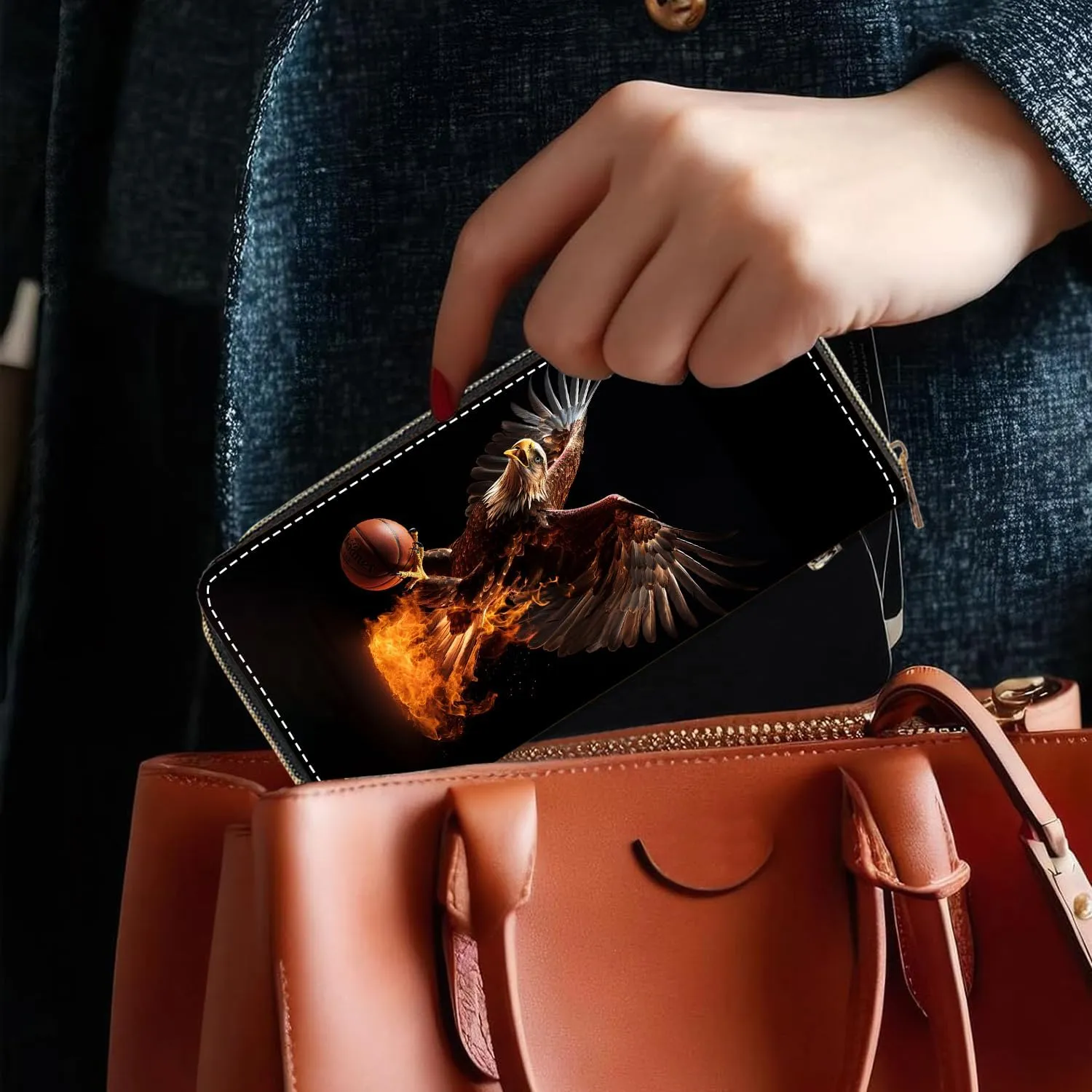 Women's Large Capacity Wallet, Portable PU Leather Zipper Wallet for Smart Phone/Card/Coin/Cash, Multifunctional Clutch Wallet with Removable Wristlet Strap, American Bald Eagle Basketball