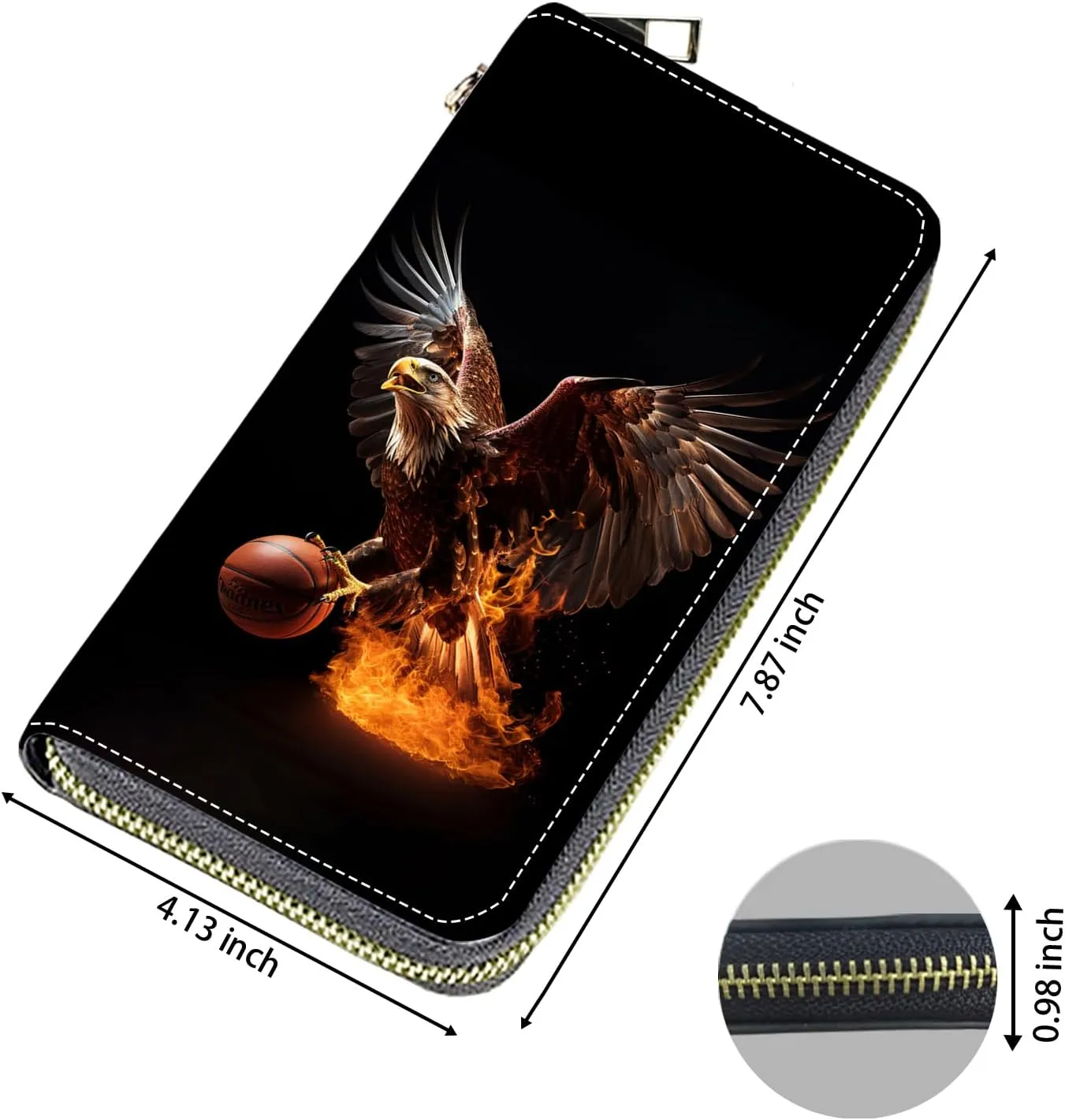 Women's Large Capacity Wallet, Portable PU Leather Zipper Wallet for Smart Phone/Card/Coin/Cash, Multifunctional Clutch Wallet with Removable Wristlet Strap, American Bald Eagle Basketball