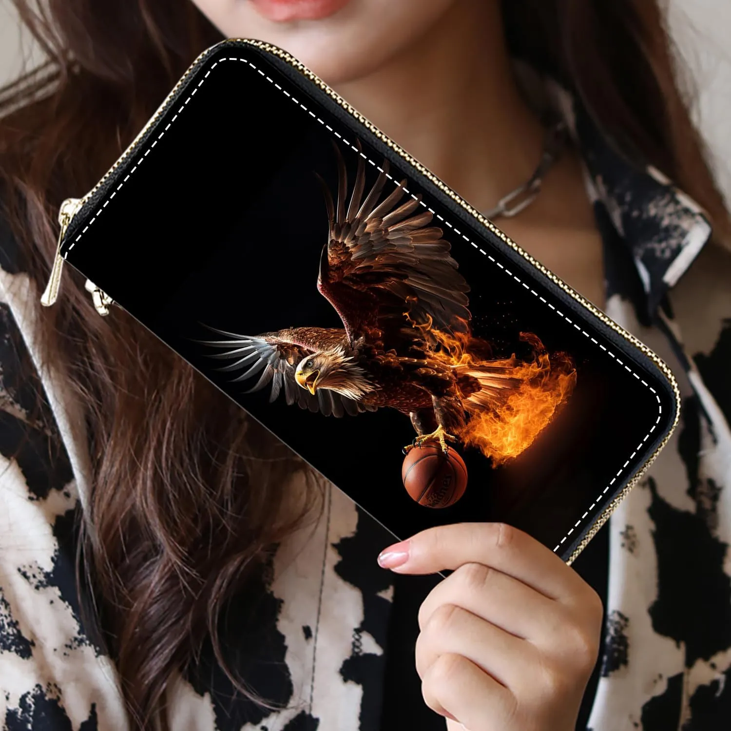 Women's Large Capacity Wallet, Portable PU Leather Zipper Wallet for Smart Phone/Card/Coin/Cash, Multifunctional Clutch Wallet with Removable Wristlet Strap, American Bald Eagle Basketball