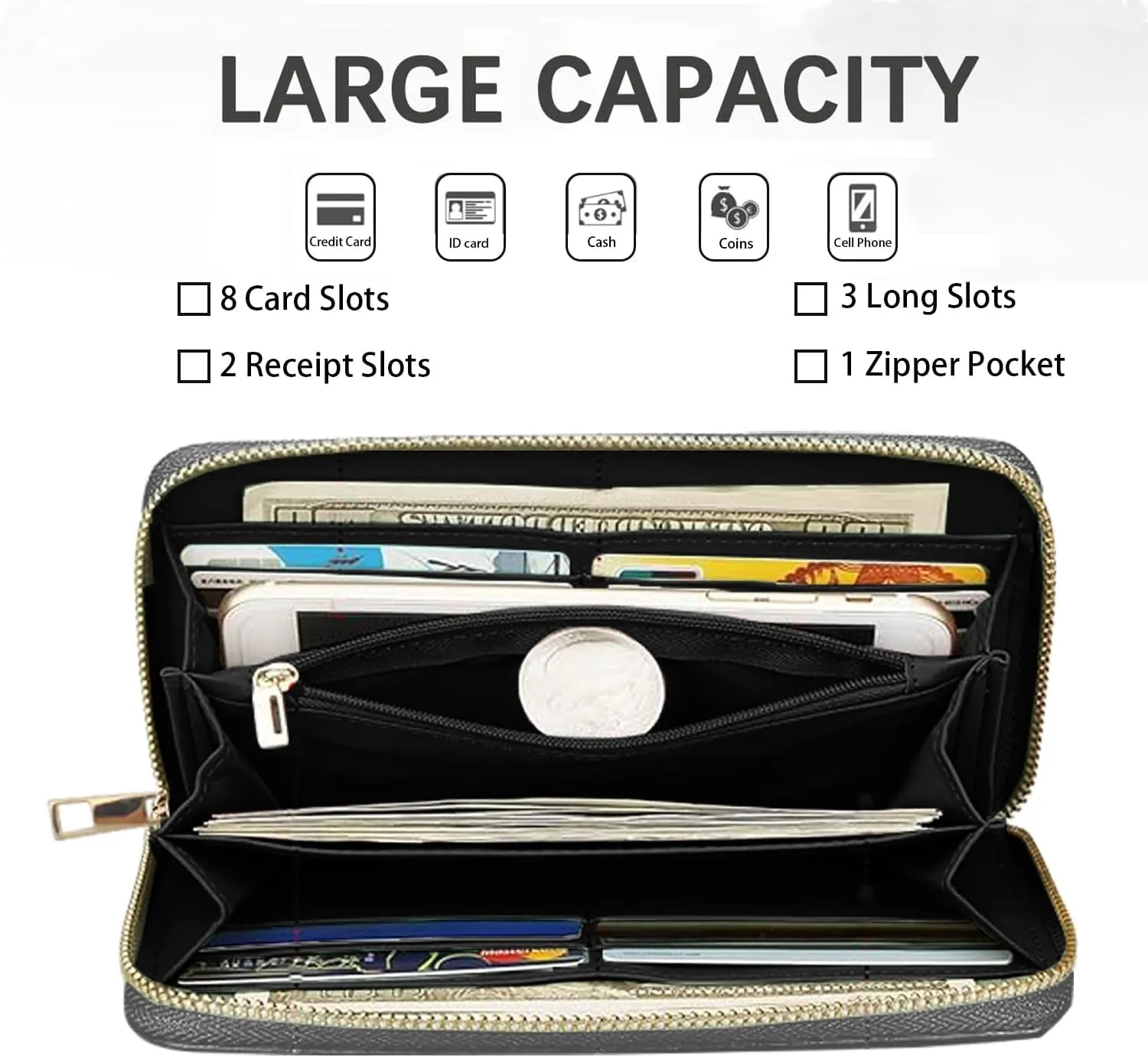 Women's Large Capacity Wallet, Portable PU Leather Zipper Wallet for Smart Phone/Card/Coin/Cash, Multifunctional Clutch Wallet with Removable Wristlet Strap, American Bald Eagle Basketball