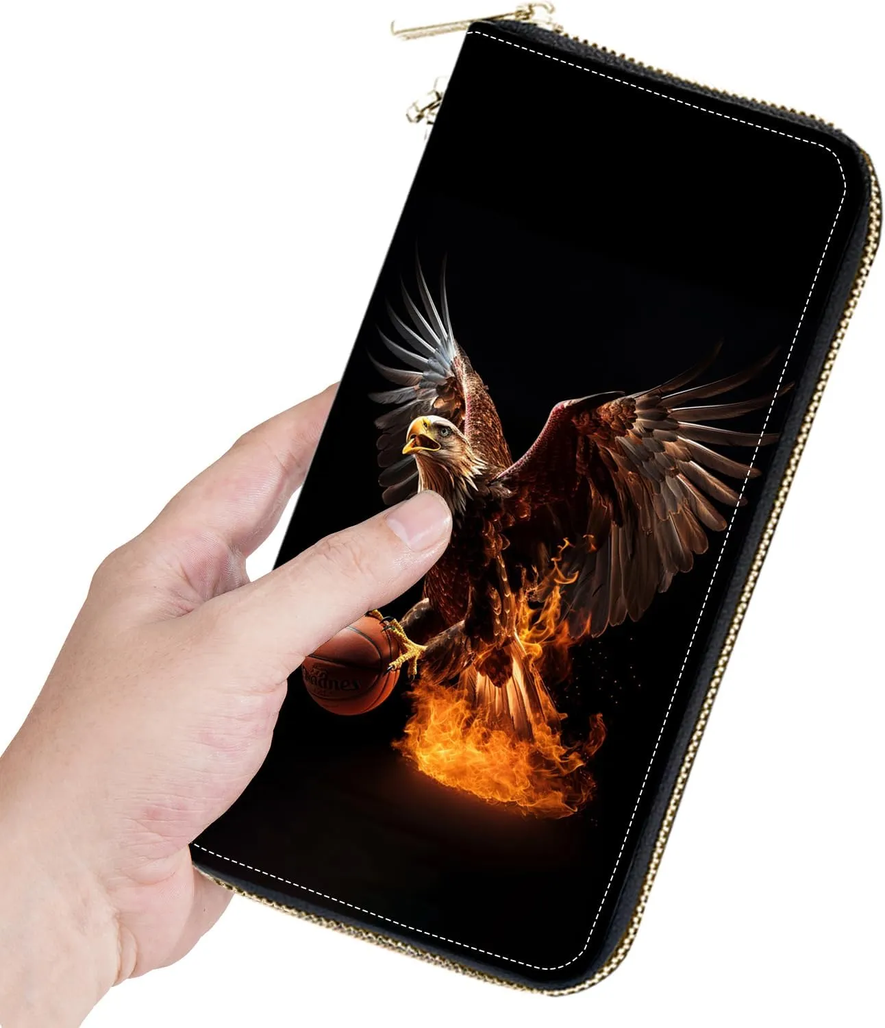 Women's Large Capacity Wallet, Portable PU Leather Zipper Wallet for Smart Phone/Card/Coin/Cash, Multifunctional Clutch Wallet with Removable Wristlet Strap, American Bald Eagle Basketball
