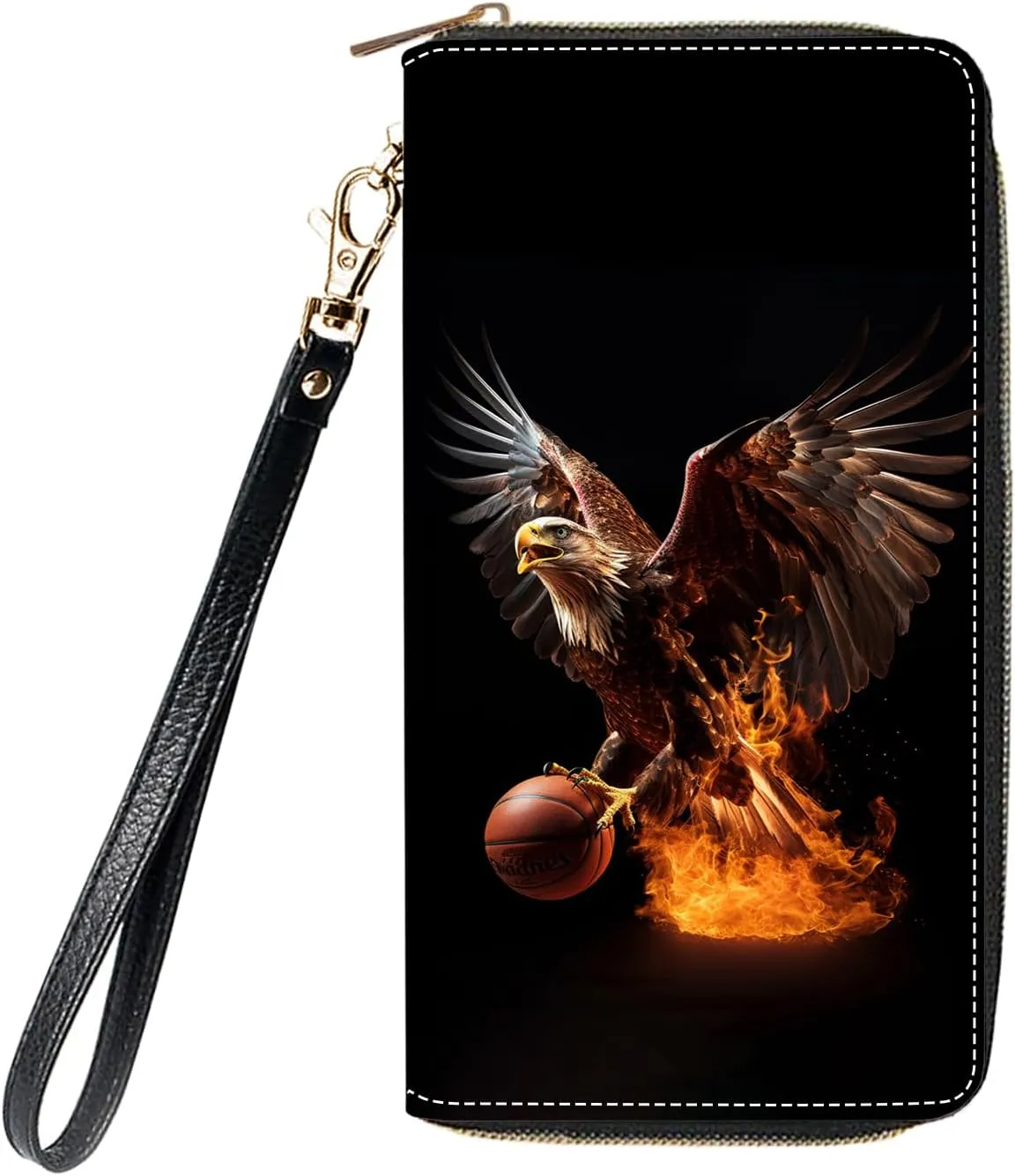 Women's Large Capacity Wallet, Portable PU Leather Zipper Wallet for Smart Phone/Card/Coin/Cash, Multifunctional Clutch Wallet with Removable Wristlet Strap, American Bald Eagle Basketball