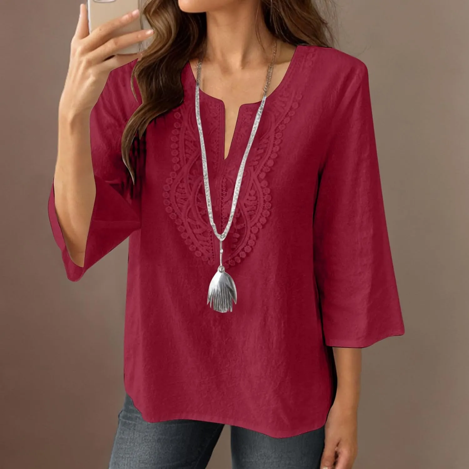 Women's Linen Shirts Dressy 3/4 Sleeve V Neck Cotton Blouses Casual Loose Lace Tunic Tops Summer Vacation Outfits