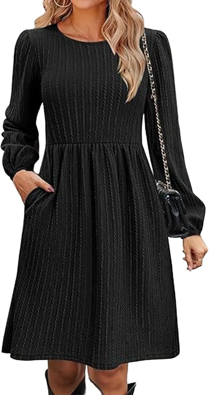 Womens Long Sleeve Knit Sweater Dress Casual Fall Winter Crewneck Mini Dresses A-Line Knee Length Dress