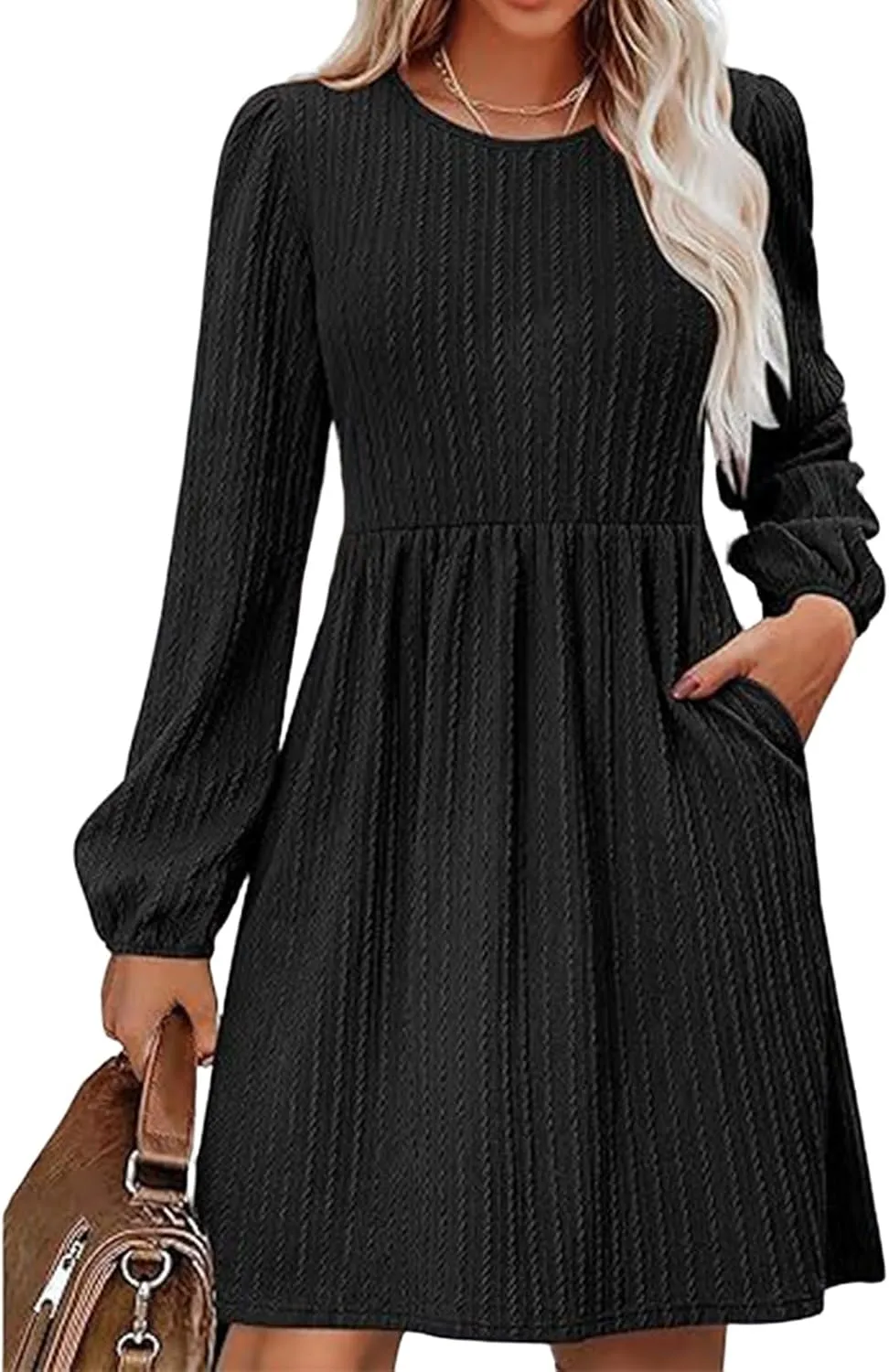 Womens Long Sleeve Knit Sweater Dress Casual Fall Winter Crewneck Mini Dresses A-Line Knee Length Dress