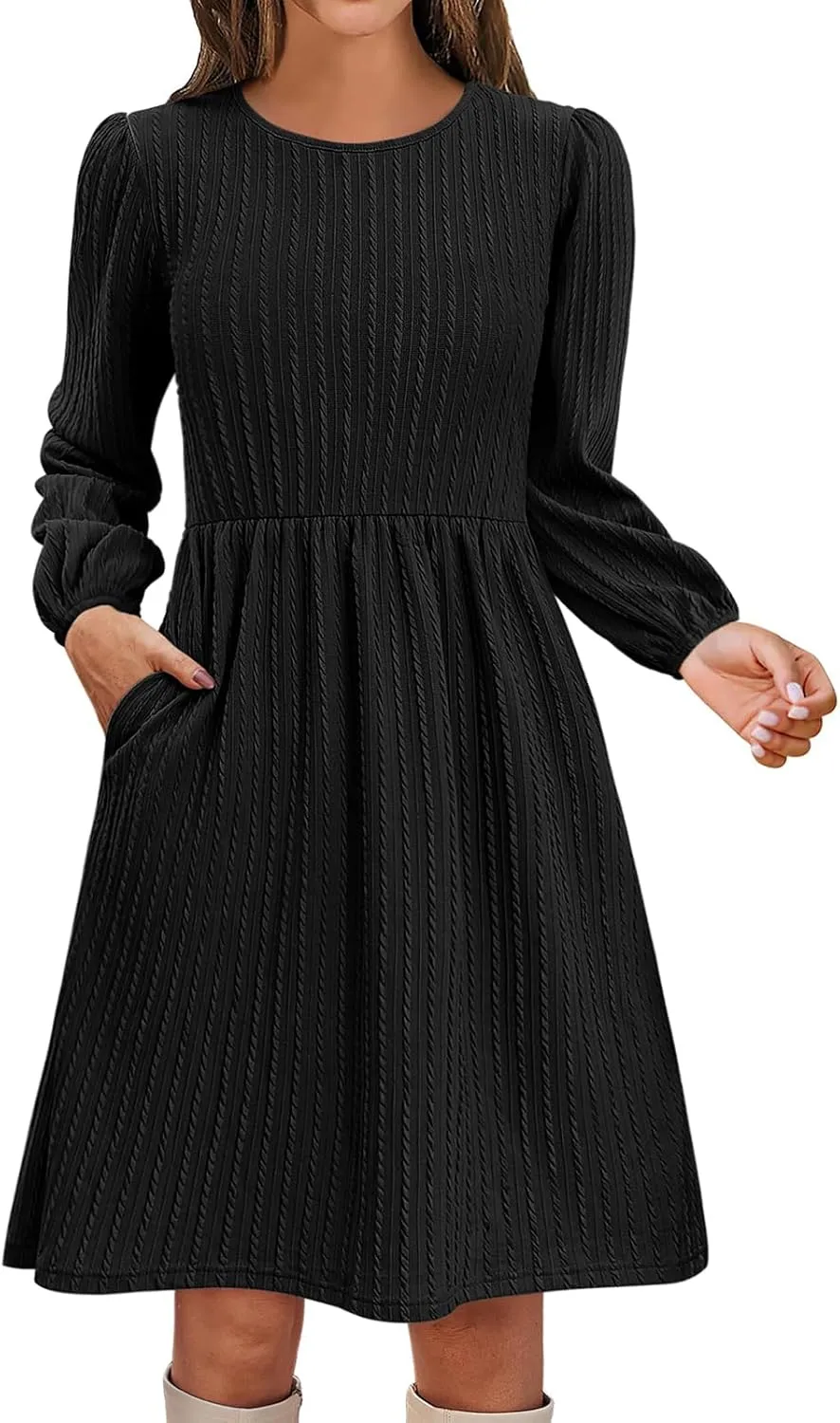Womens Long Sleeve Knit Sweater Dress Casual Fall Winter Crewneck Mini Dresses A-Line Knee Length Dress