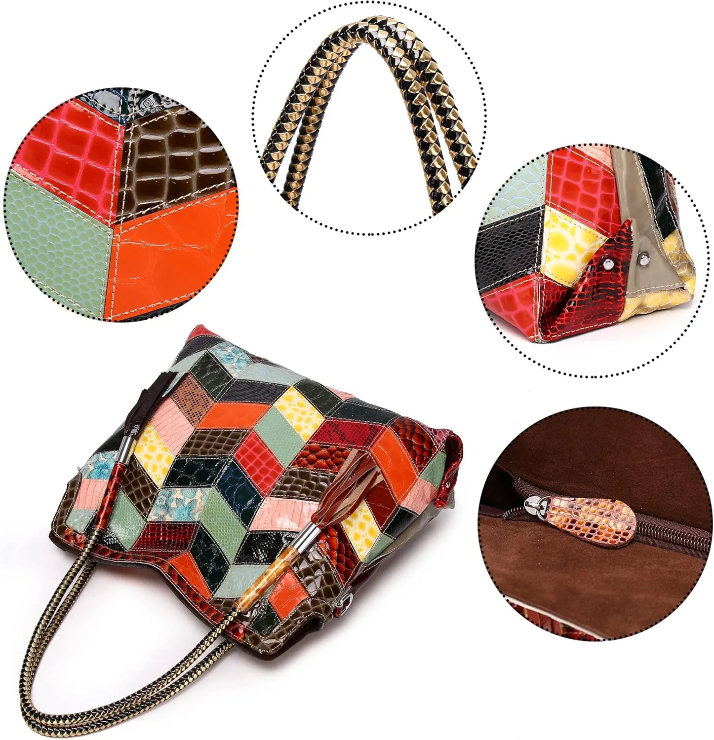 Womens Multicolor Boston Bag Genuine Leather Colorful Patchwork Large Tote Handbag Hobo Crossbody Bag Hobo Purse