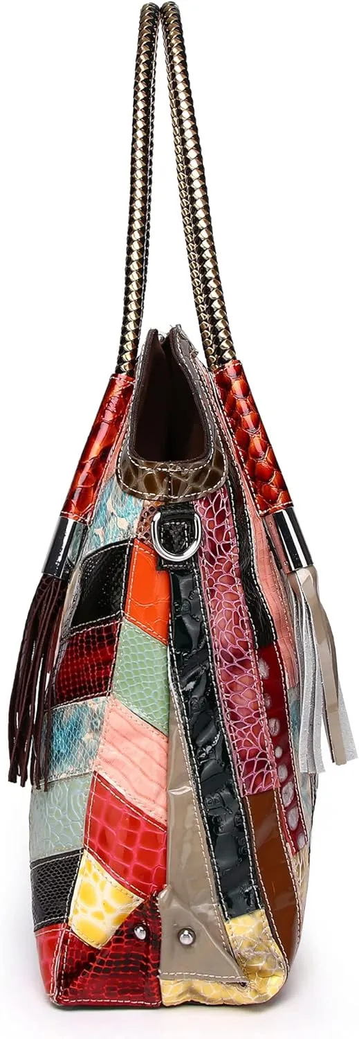 Womens Multicolor Boston Bag Genuine Leather Colorful Patchwork Large Tote Handbag Hobo Crossbody Bag Hobo Purse