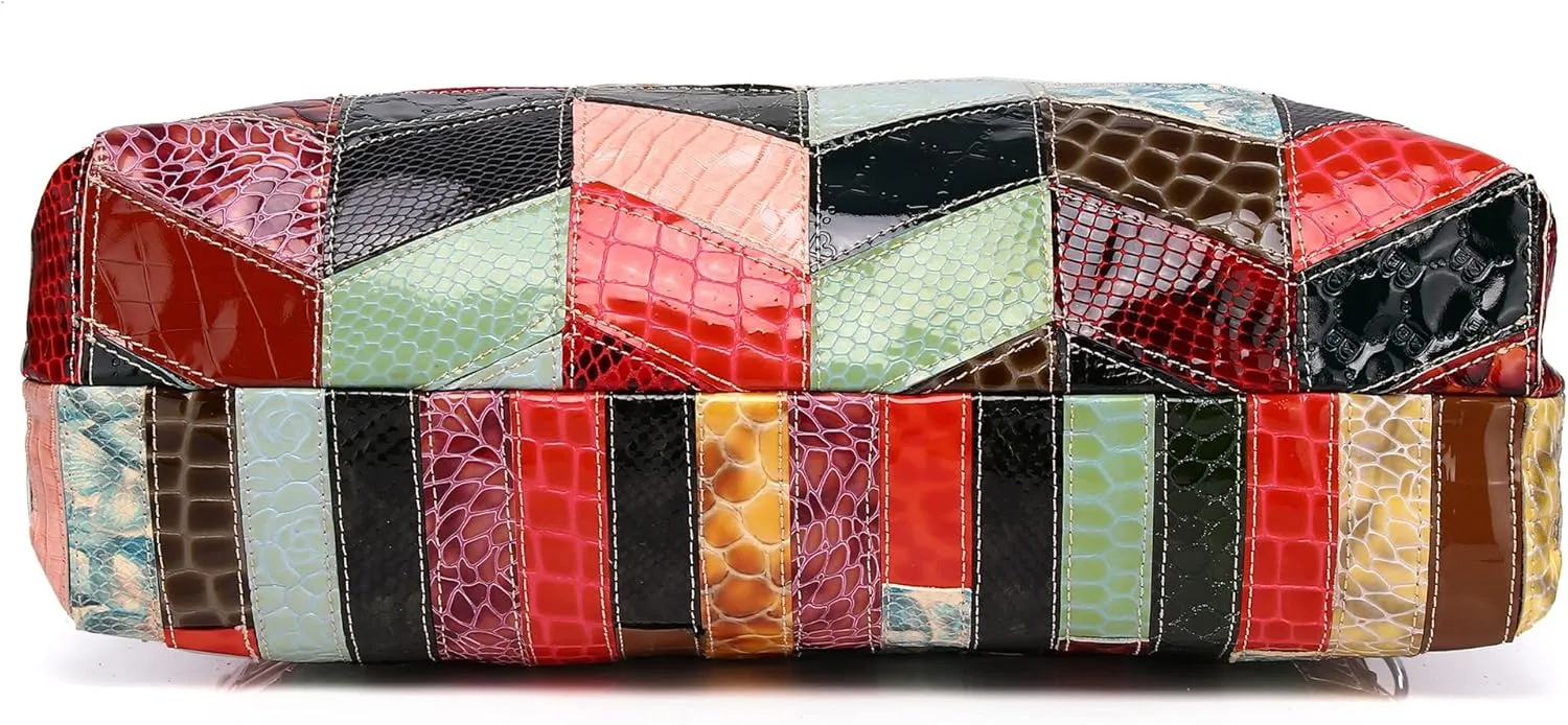 Womens Multicolor Boston Bag Genuine Leather Colorful Patchwork Large Tote Handbag Hobo Crossbody Bag Hobo Purse