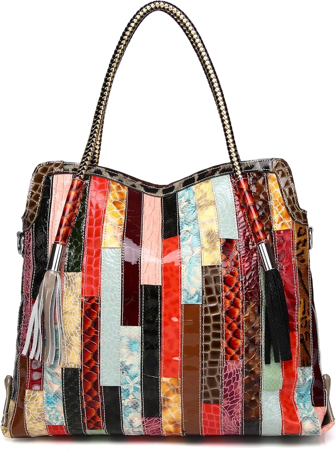 Womens Multicolor Boston Bag Genuine Leather Colorful Patchwork Large Tote Handbag Hobo Crossbody Bag Hobo Purse