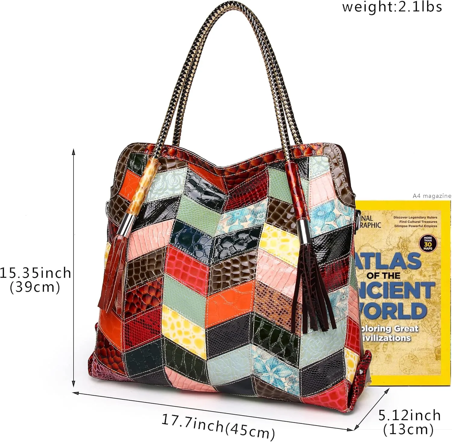 Womens Multicolor Boston Bag Genuine Leather Colorful Patchwork Large Tote Handbag Hobo Crossbody Bag Hobo Purse