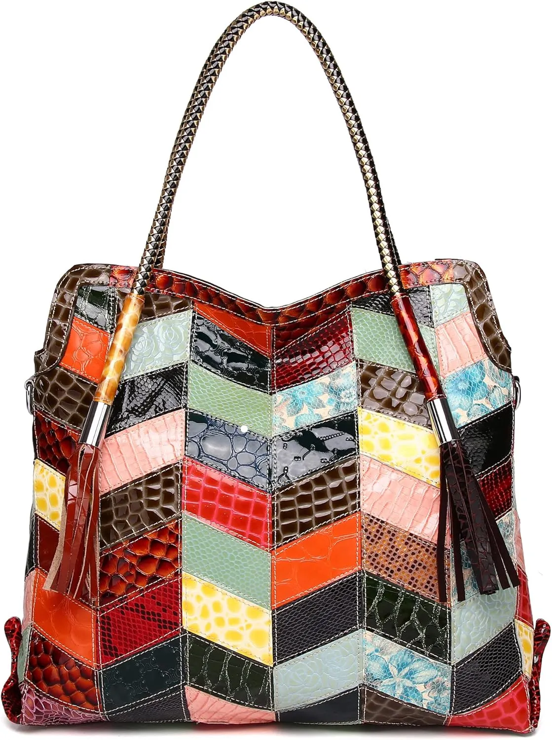 Womens Multicolor Boston Bag Genuine Leather Colorful Patchwork Large Tote Handbag Hobo Crossbody Bag Hobo Purse