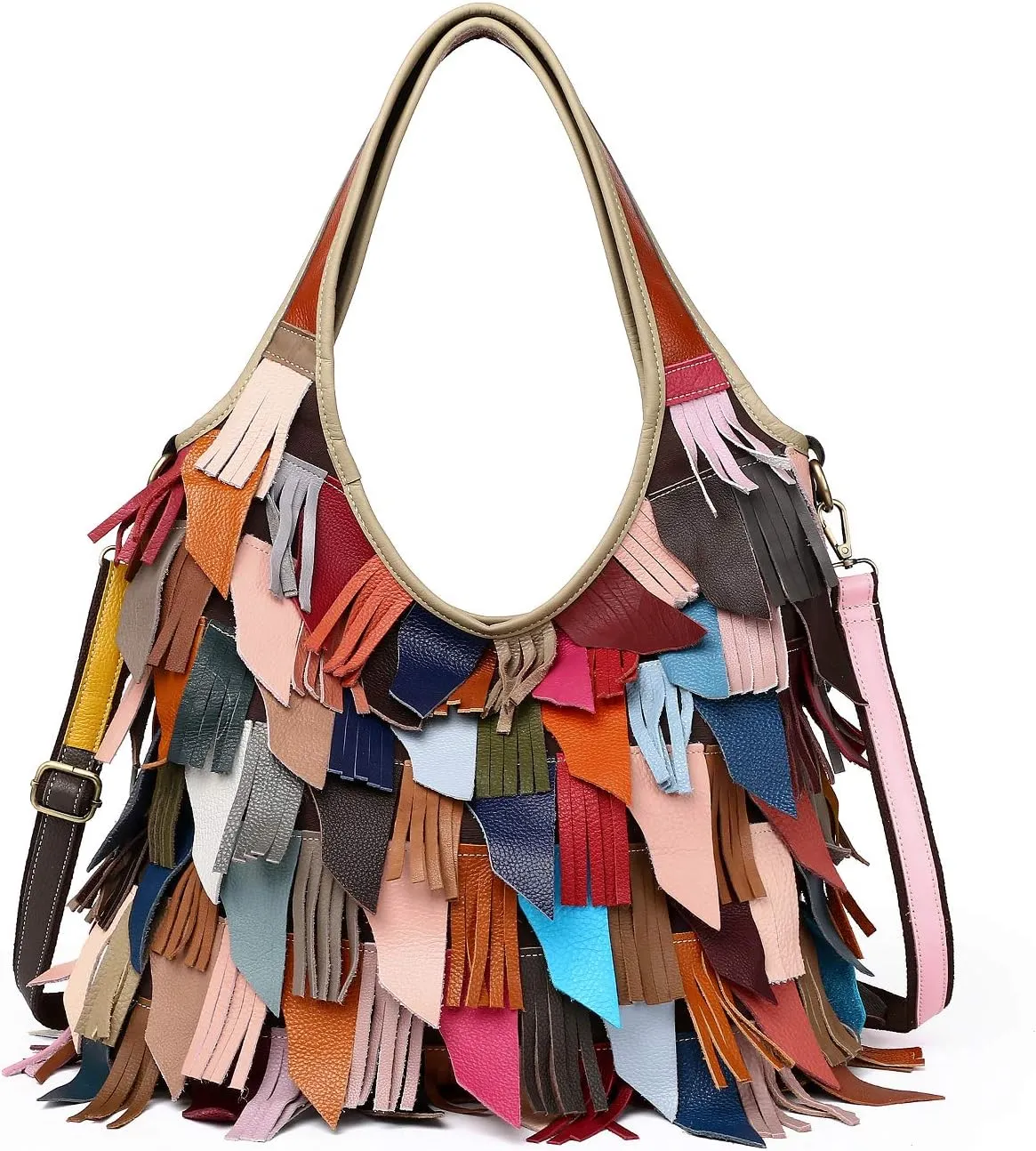 Womens Multicolor Boston Genuine Leather Colorful Patchwork Large Tote Handbag Hobo Purse Crossbody Big