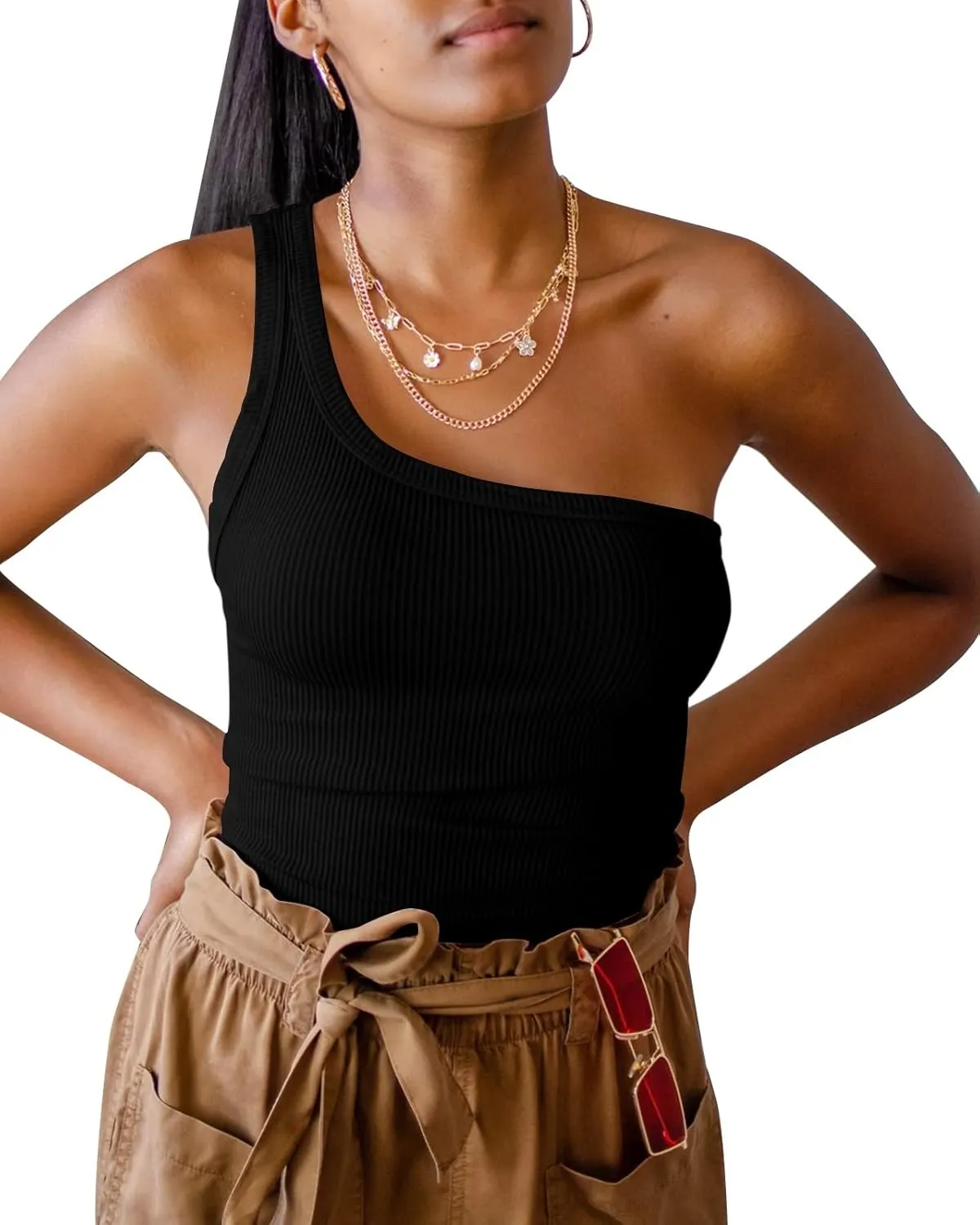 Womens One Shoulder Tops Summer Sleeveless Ribbed Tank Top Casual Slim Basic Tees