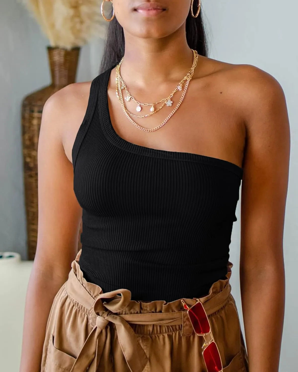 Womens One Shoulder Tops Summer Sleeveless Ribbed Tank Top Casual Slim Basic Tees