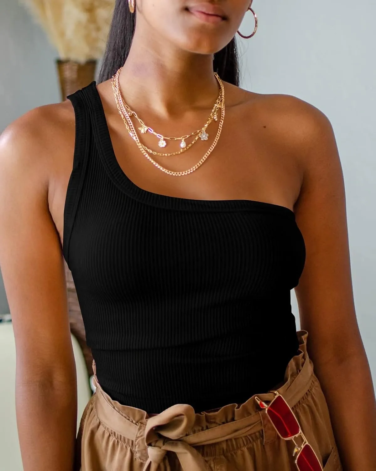 Womens One Shoulder Tops Summer Sleeveless Ribbed Tank Top Casual Slim Basic Tees