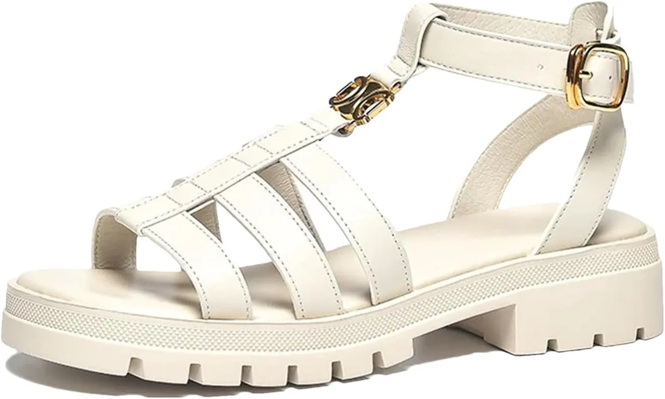 Women's Open Toe Gladiator Sandals - Metal Buckle Slingback Summer Flats