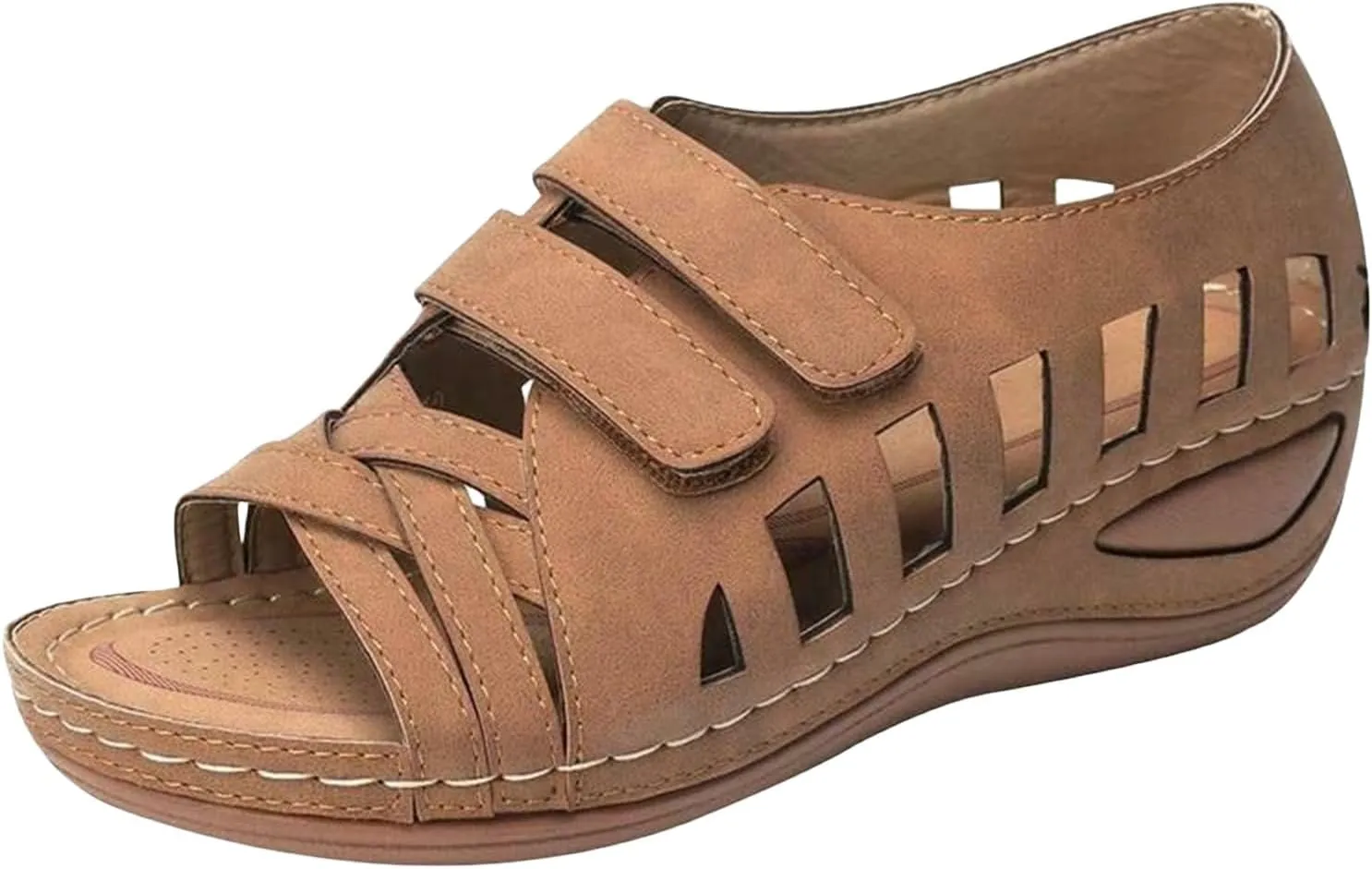 Womens Orthopedic Sandals Gladiator Low Wedge Slip On Sandals Breathable Hollow Out Slides All-Match Shoes Open Toe Slingback for Summer and Daily Wear