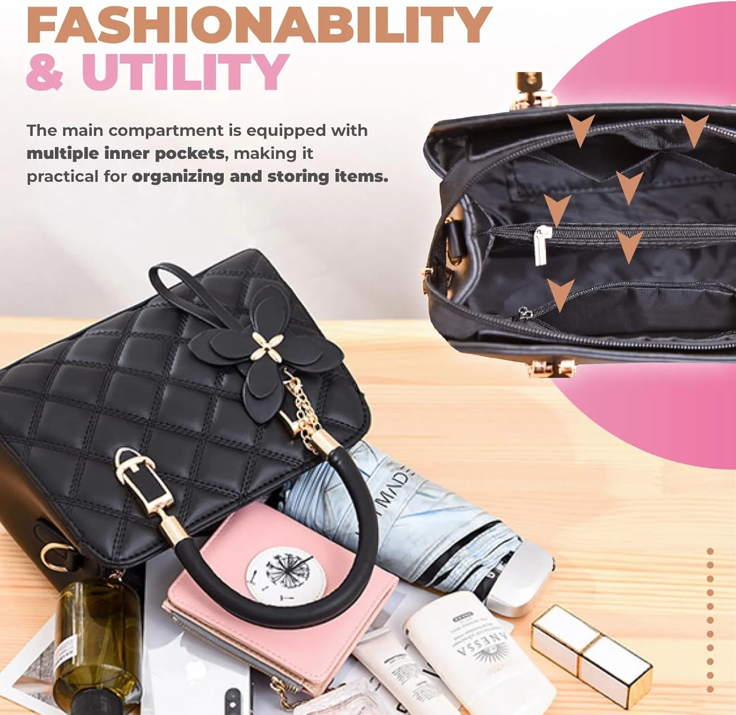 Womens Shoulder Bag, Small Crossbody Handbag, Spacious, Multiple pockets, Adjustable strap