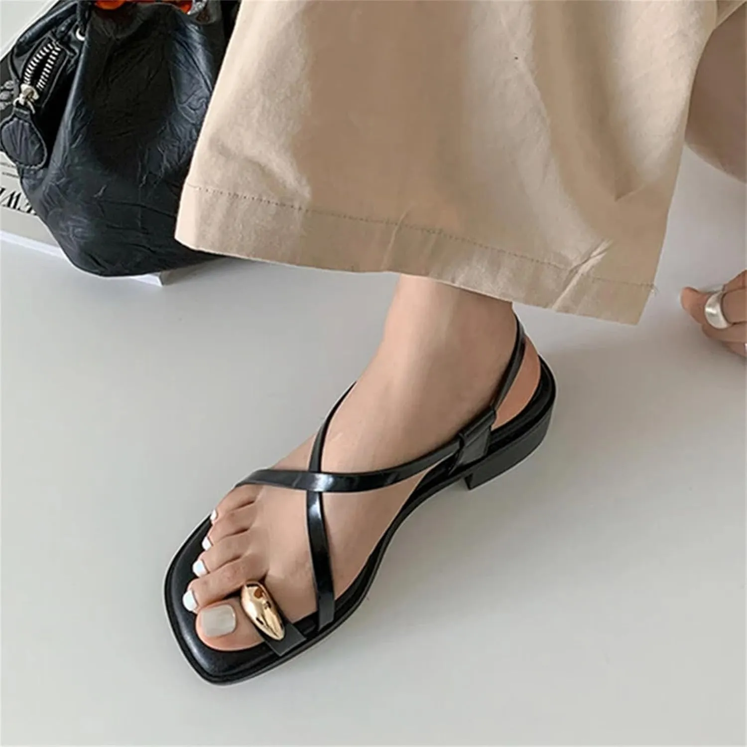 Women's Slingback Leather Sandals - Low Heel (5cm/2in) Summer Casual Flats
