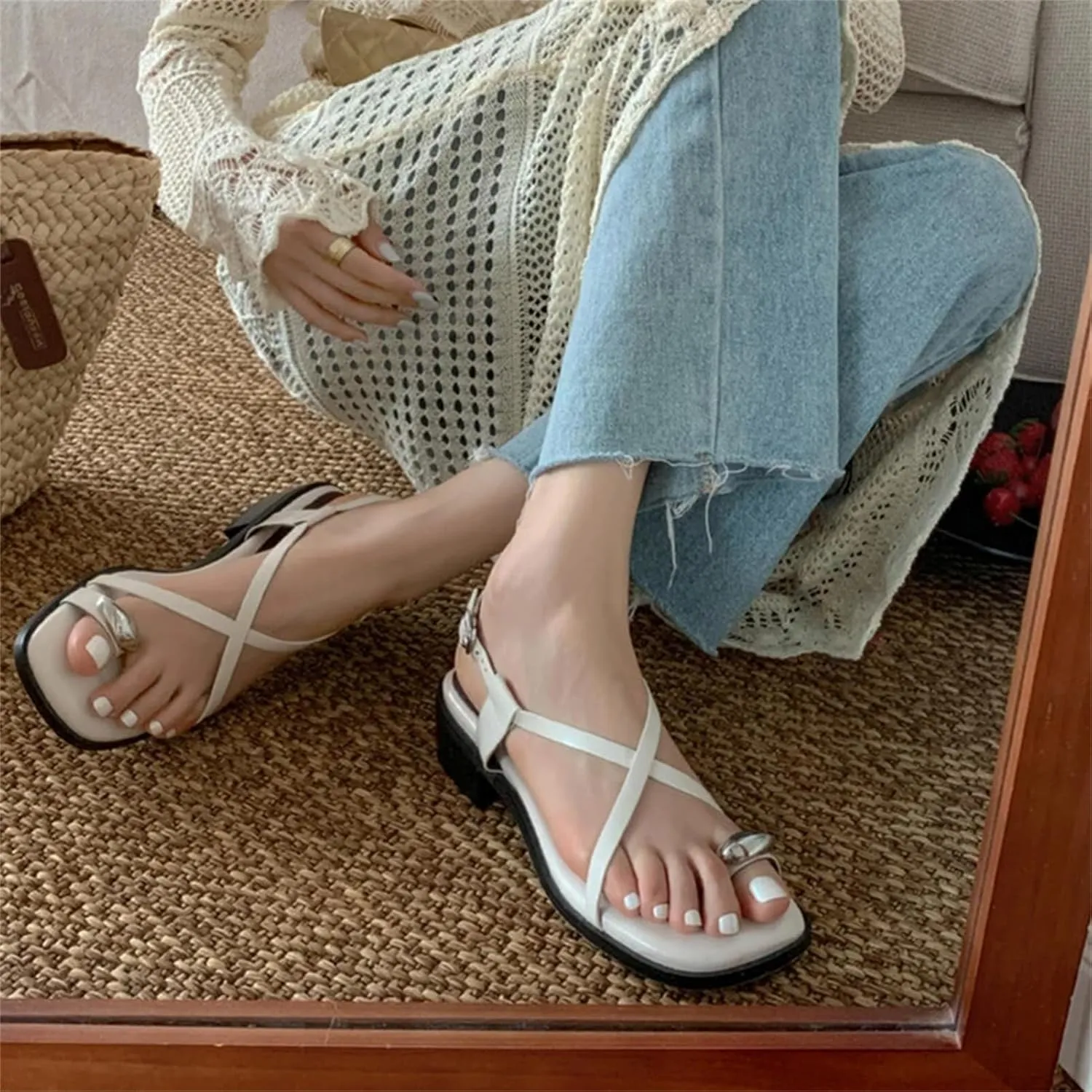 Women's Slingback Leather Sandals - Low Heel (5cm/2in) Summer Casual Flats