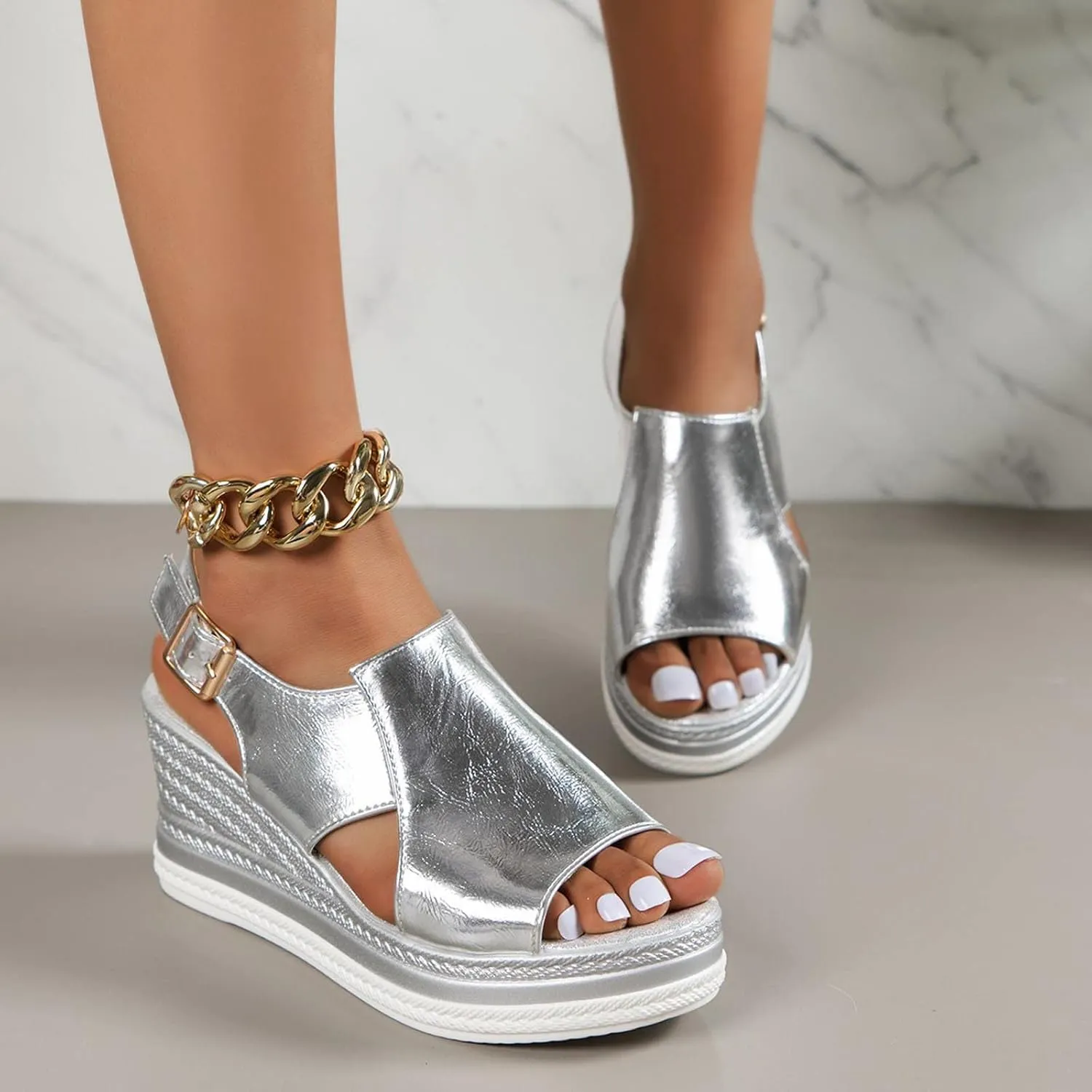 Women's Solid Bright Color Sandals Open Toe Wedge Slingback Shoe Hook and Eye Sandal Summer Spring Shoes