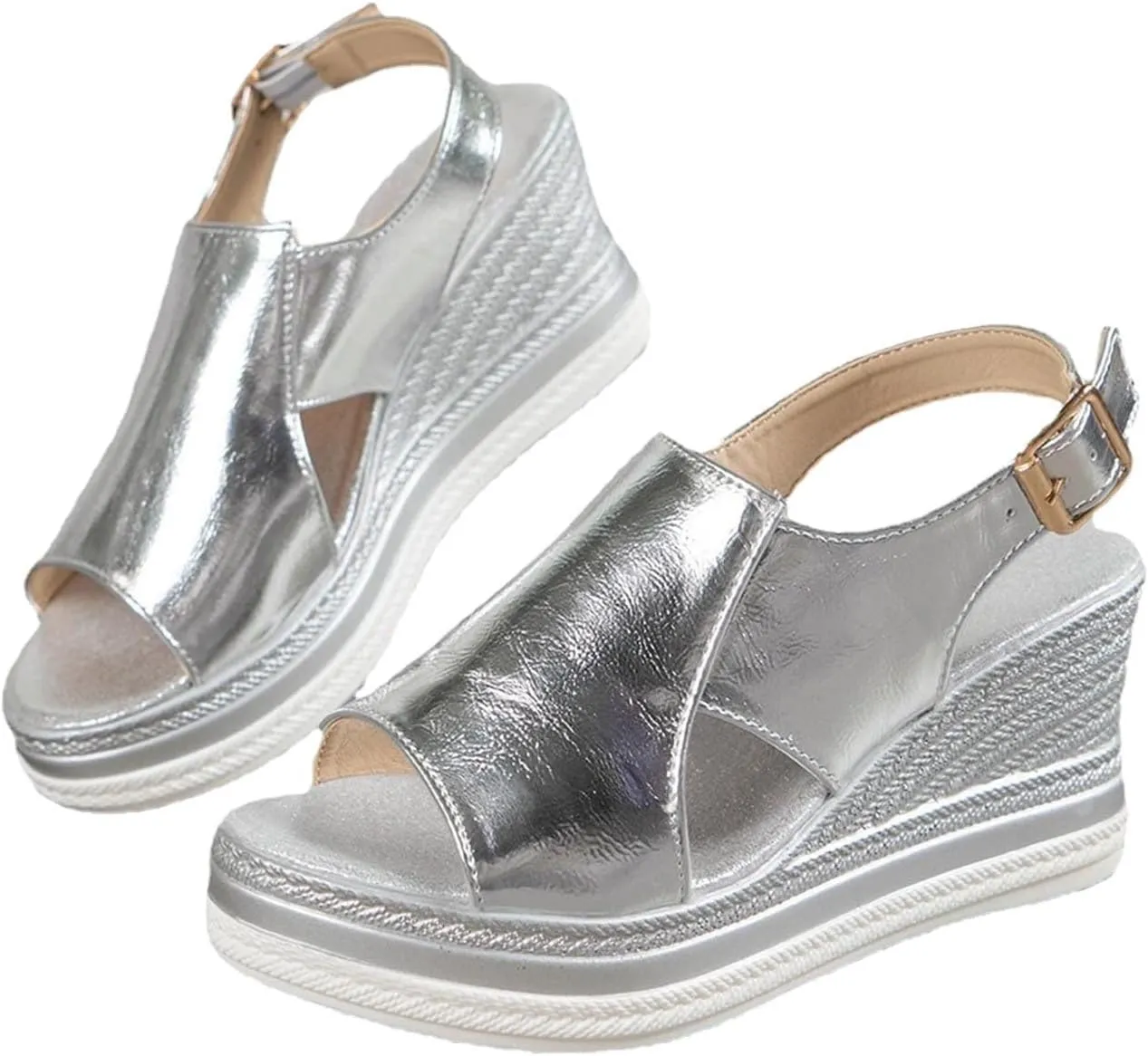 Women's Solid Bright Color Sandals Open Toe Wedge Slingback Shoe Hook and Eye Sandal Summer Spring Shoes