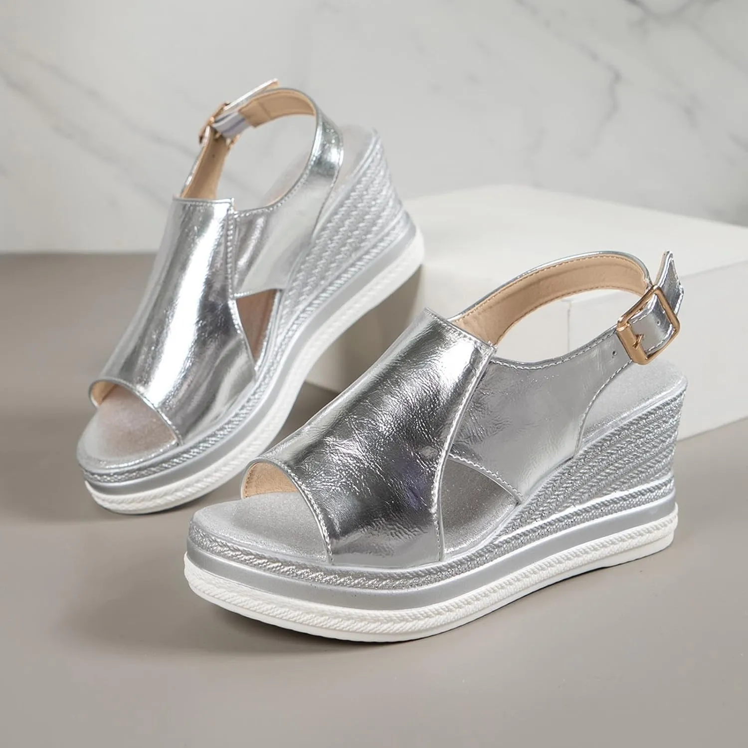 Women's Solid Bright Color Sandals Open Toe Wedge Slingback Shoe Hook and Eye Sandal Summer Spring Shoes
