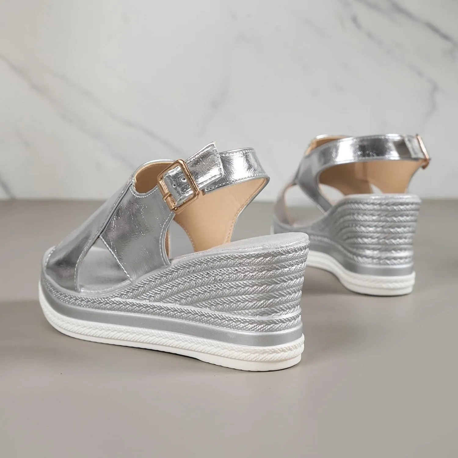 Women's Solid Bright Color Sandals Open Toe Wedge Slingback Shoe Hook and Eye Sandal Summer Spring Shoes