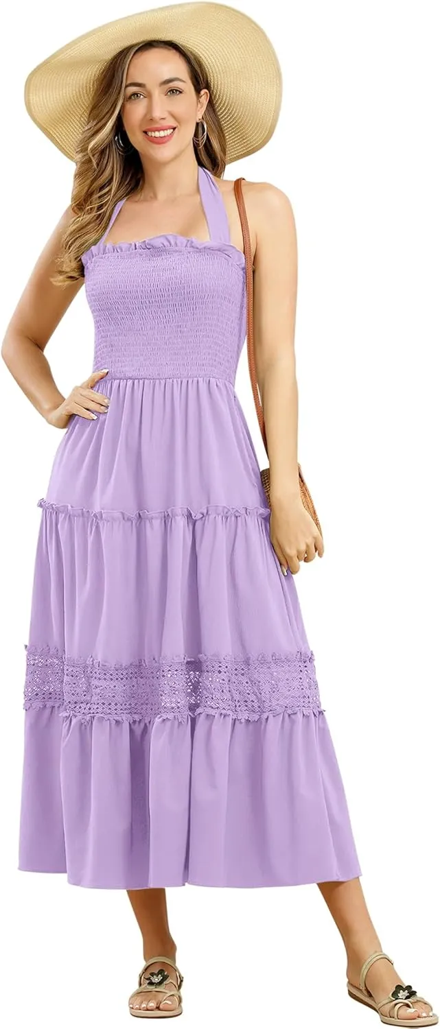 Women's Summer Boho Dress Halter Neck Smocked Lace Ruffle A-line Dress Beach Maxi Dress