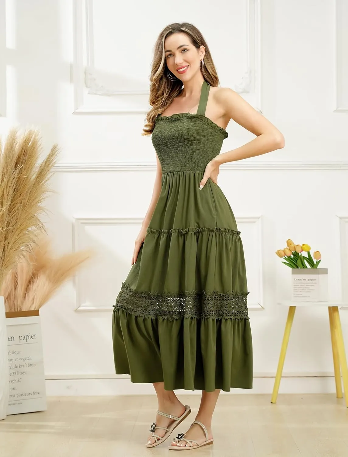 Women's Summer Boho Dress Halter Neck Smocked Lace Ruffle A-line Dress Beach Maxi Dress