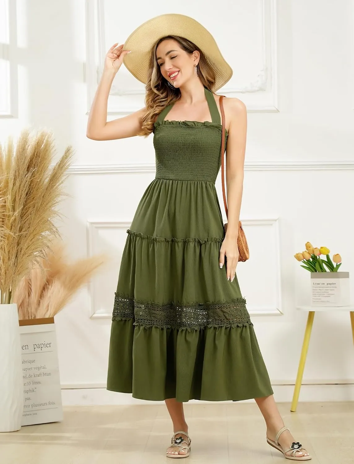 Women's Summer Boho Dress Halter Neck Smocked Lace Ruffle A-line Dress Beach Maxi Dress