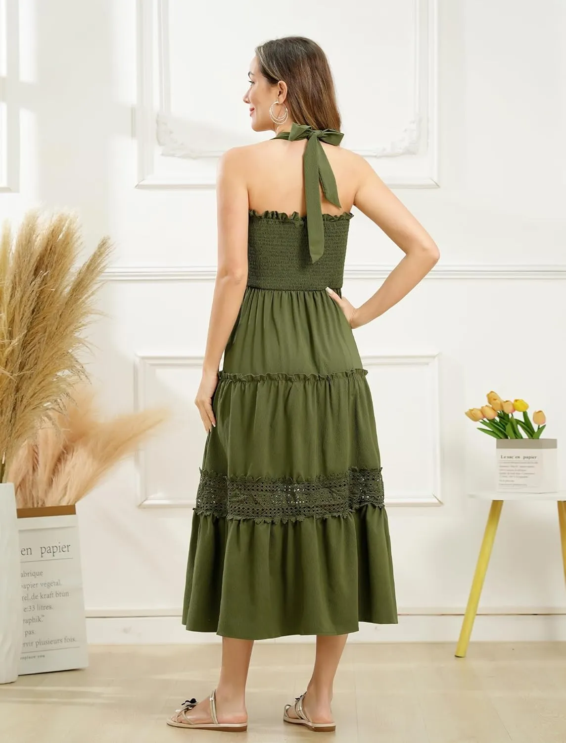 Women's Summer Boho Dress Halter Neck Smocked Lace Ruffle A-line Dress Beach Maxi Dress