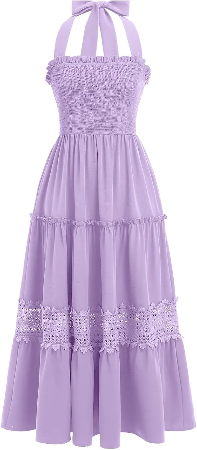 Women's Summer Boho Dress Halter Neck Smocked Lace Ruffle A-line Dress Beach Maxi Dress