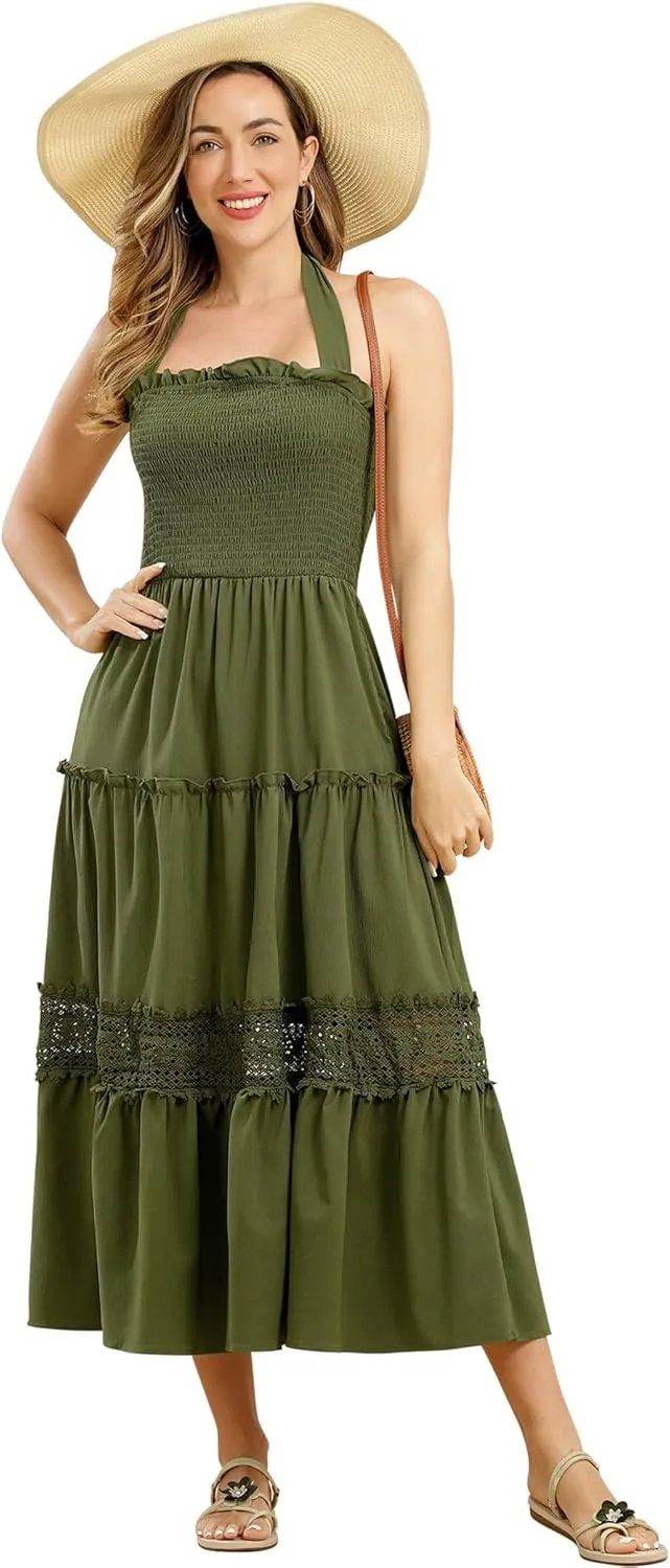 Women's Summer Boho Dress Halter Neck Smocked Lace Ruffle A-line Dress Beach Maxi Dress