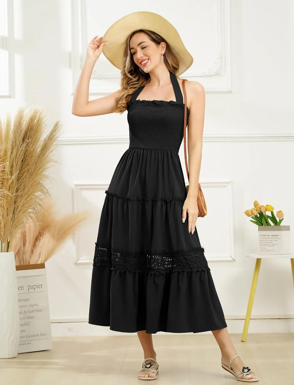 Women's Summer Boho Dress Halter Neck Smocked Lace Ruffle A-line Dress Beach Maxi Dress