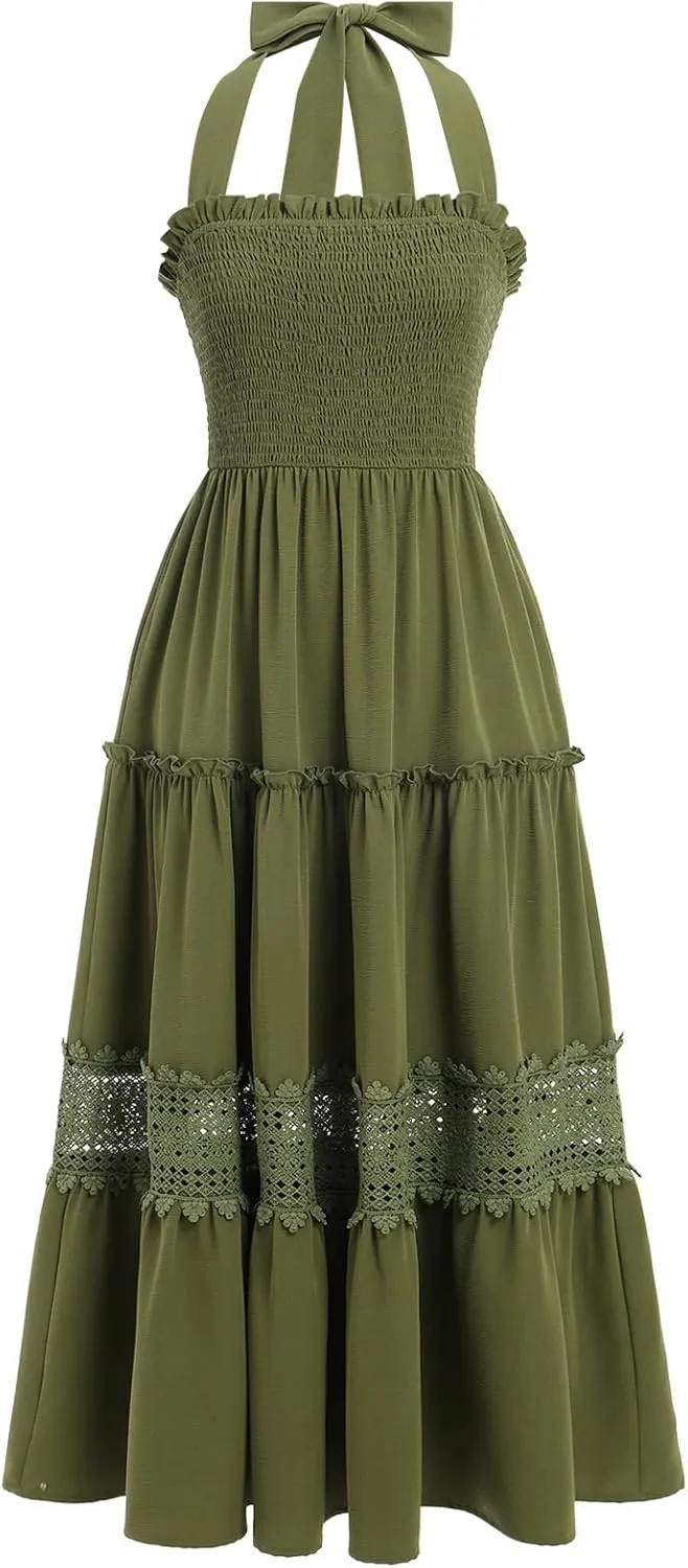 Women's Summer Boho Dress Halter Neck Smocked Lace Ruffle A-line Dress Beach Maxi Dress