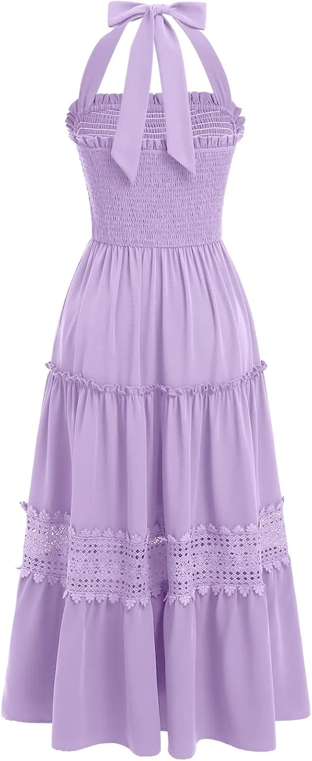 Women's Summer Boho Dress Halter Neck Smocked Lace Ruffle A-line Dress Beach Maxi Dress