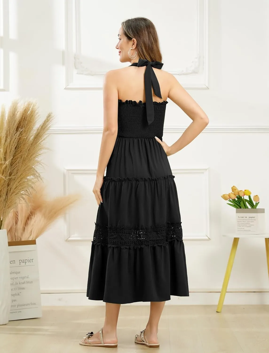 Women's Summer Boho Dress Halter Neck Smocked Lace Ruffle A-line Dress Beach Maxi Dress