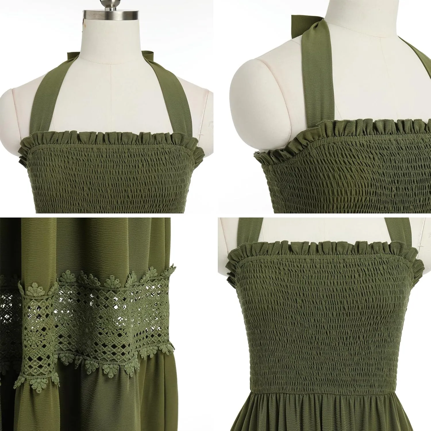 Women's Summer Boho Dress Halter Neck Smocked Lace Ruffle A-line Dress Beach Maxi Dress