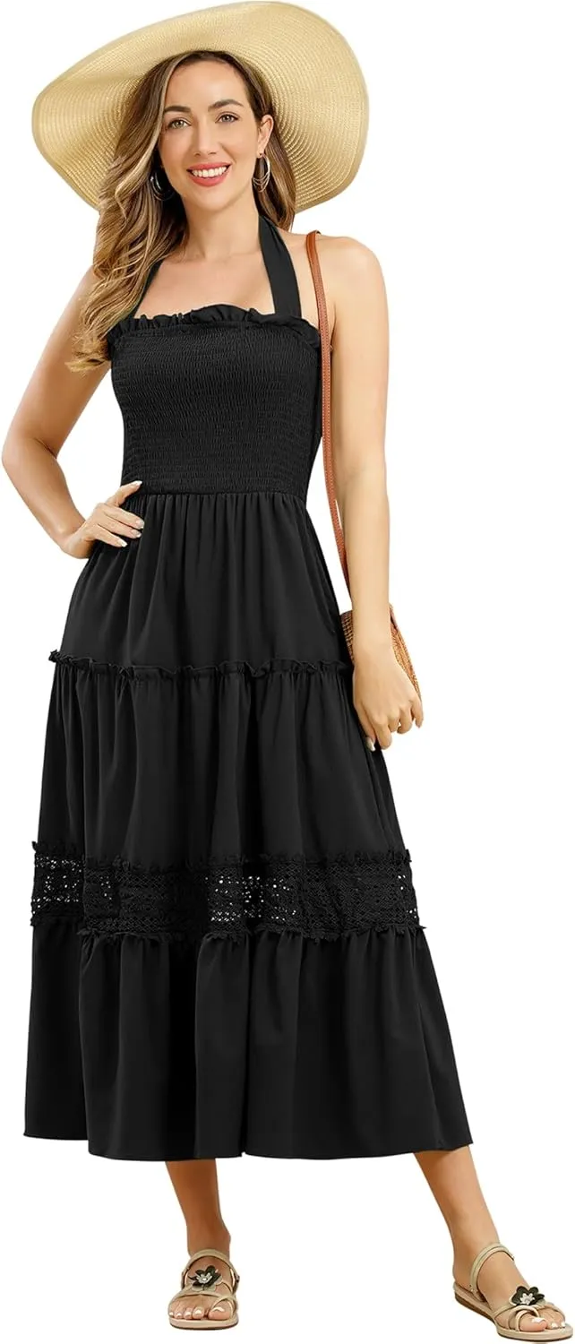 Women's Summer Boho Dress Halter Neck Smocked Lace Ruffle A-line Dress Beach Maxi Dress