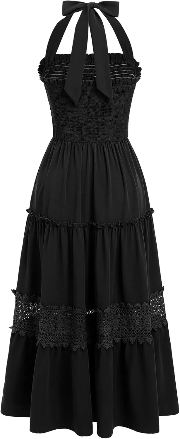 Women's Summer Boho Dress Halter Neck Smocked Lace Ruffle A-line Dress Beach Maxi Dress