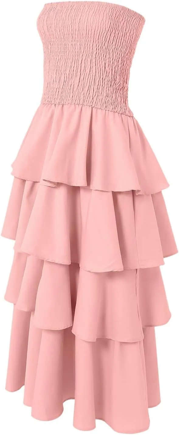Womens Summer Boho Strapless Maxi Dress 2025 Casual Sleeveless Off Shoulder Smocked Tiered Flowy A-Line Beach Long Sundress