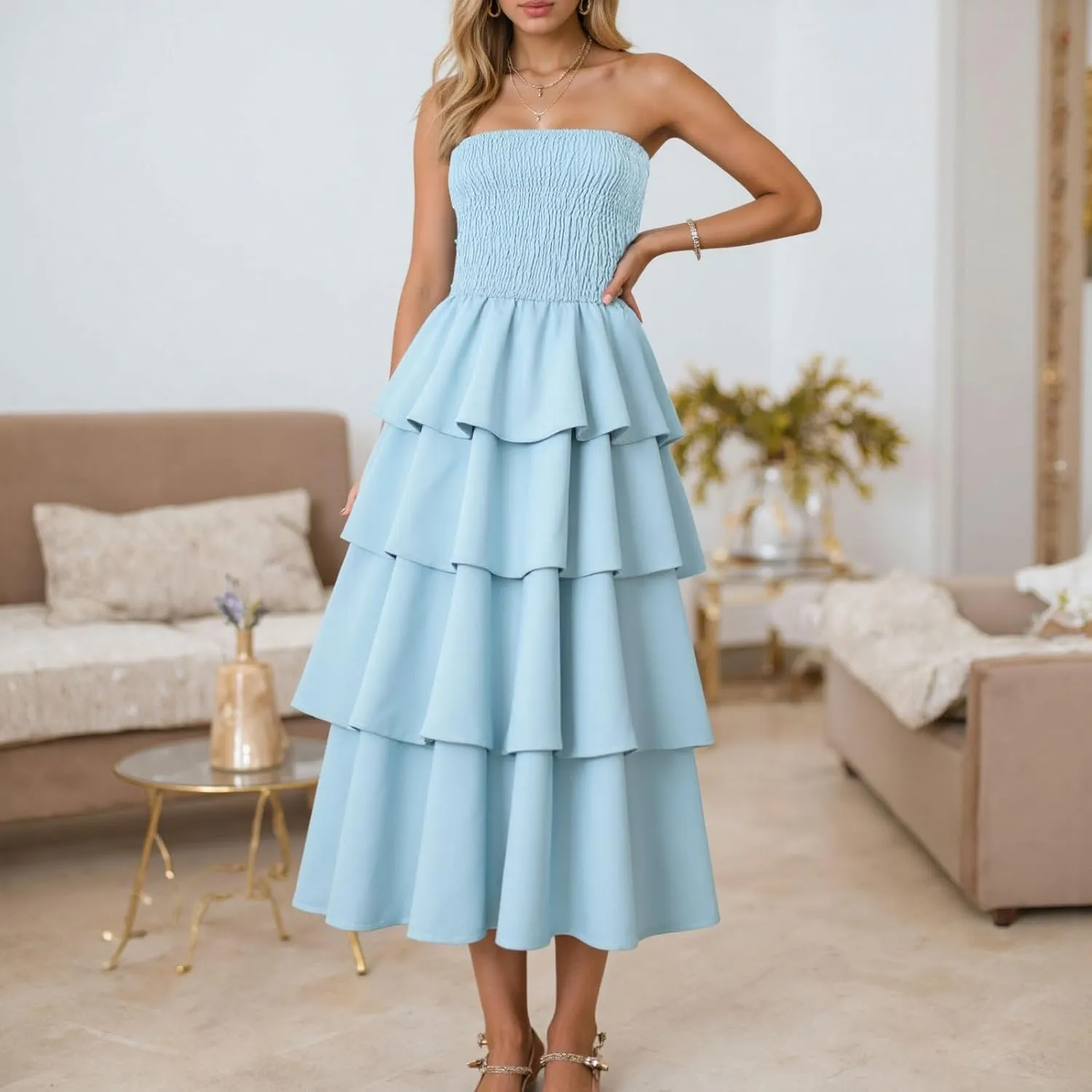 Womens Summer Boho Strapless Maxi Dress 2025 Casual Sleeveless Off Shoulder Smocked Tiered Flowy A-Line Beach Long Sundress