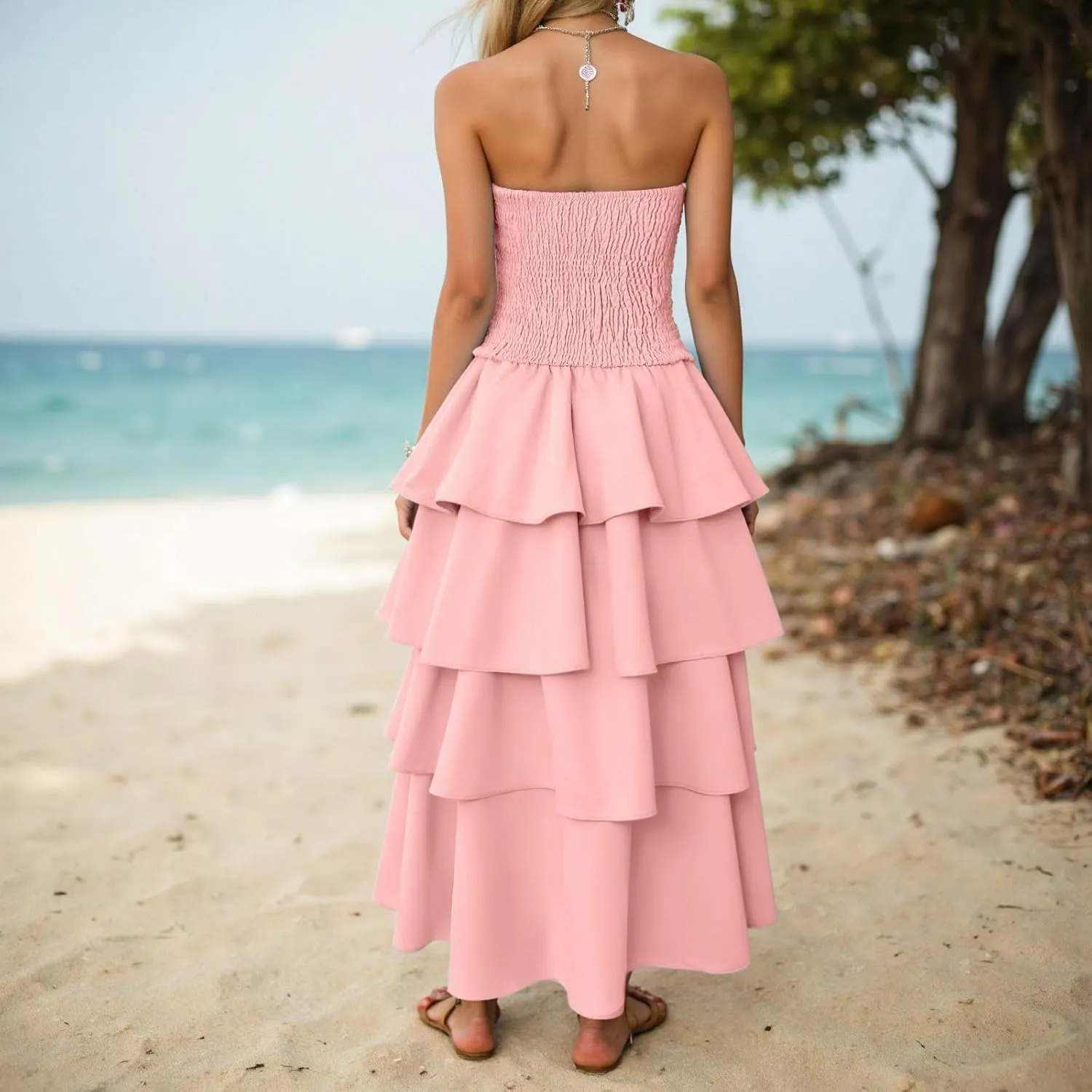 Womens Summer Boho Strapless Maxi Dress 2025 Casual Sleeveless Off Shoulder Smocked Tiered Flowy A-Line Beach Long Sundress
