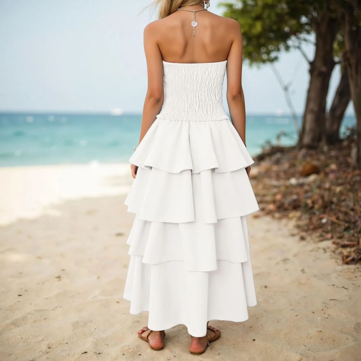 Womens Summer Boho Strapless Maxi Dress 2025 Casual Sleeveless Off Shoulder Smocked Tiered Flowy A-Line Beach Long Sundress