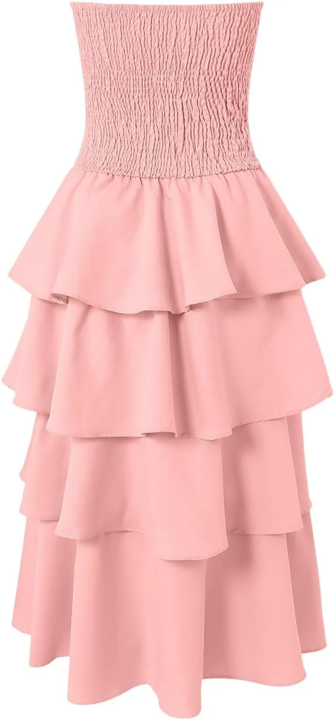 Womens Summer Boho Strapless Maxi Dress 2025 Casual Sleeveless Off Shoulder Smocked Tiered Flowy A-Line Beach Long Sundress